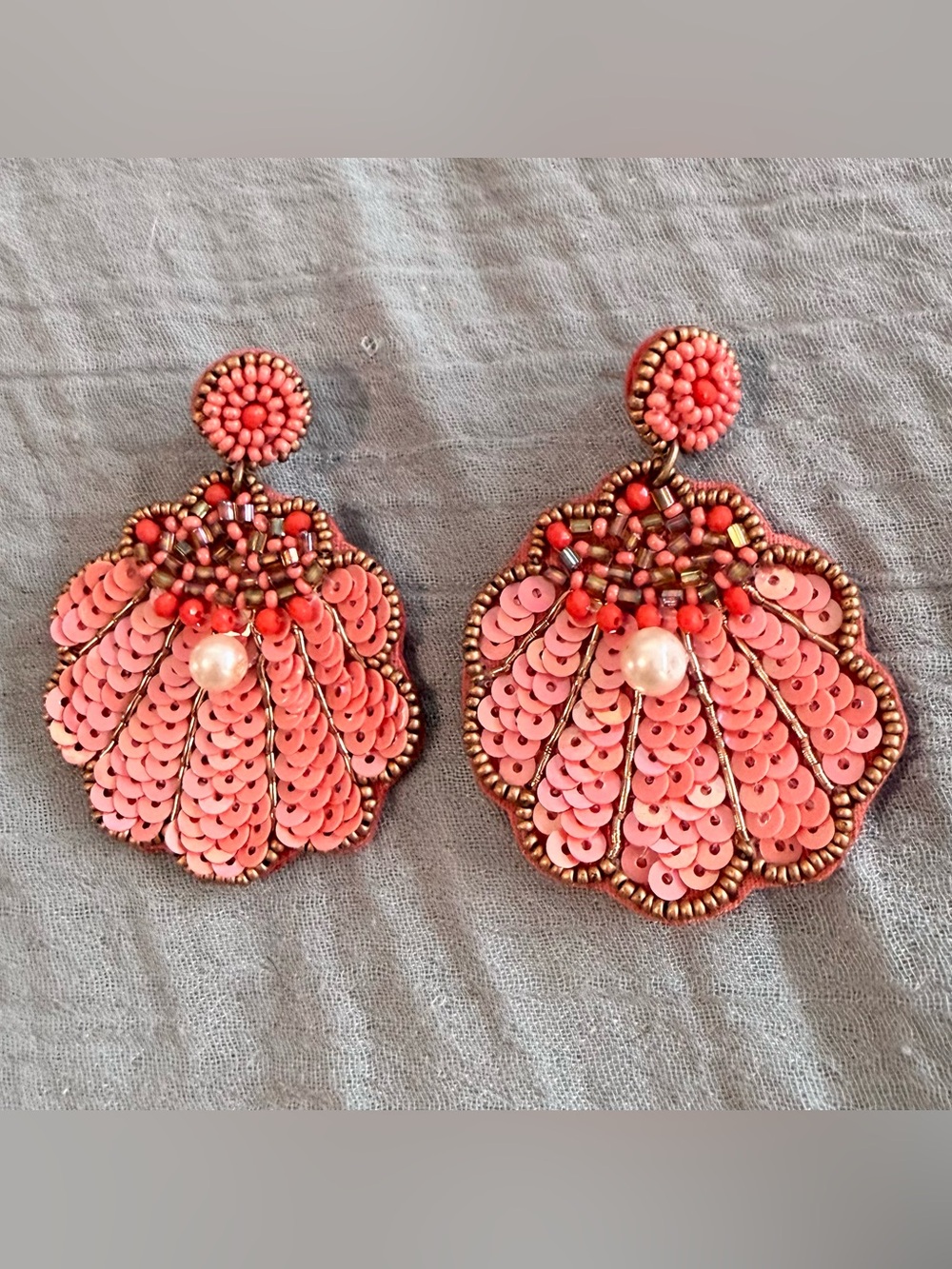 Handcrafted Coral Pink Sequin Shell Drop Earrings with Felt Backing